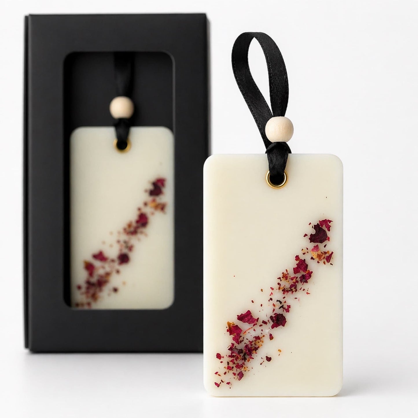 ambientador de armario aroma bouquet floral rectangular con pétalos y caja