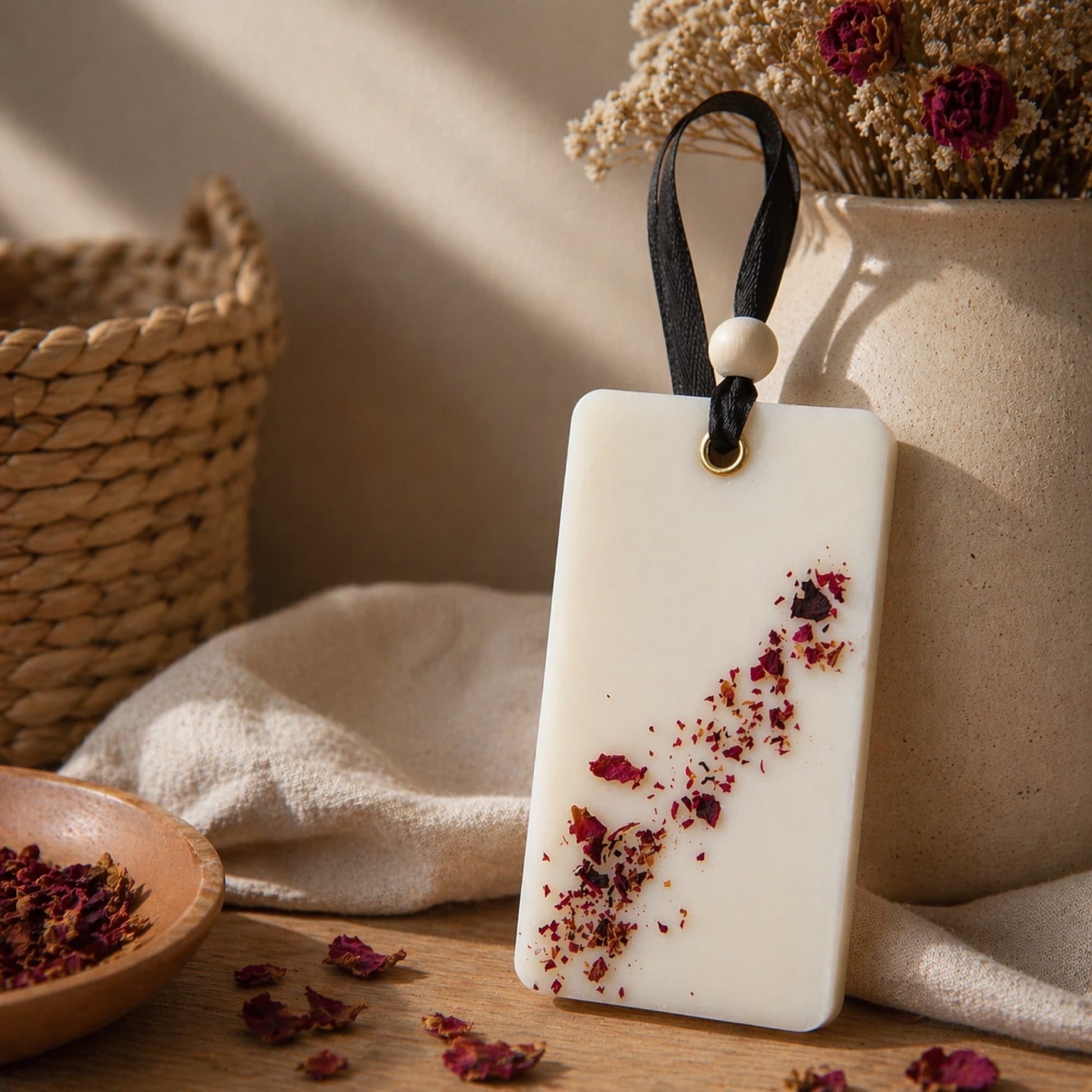 ambientador de armario bouquet floral rectangular en escena lifestyle con flores secas