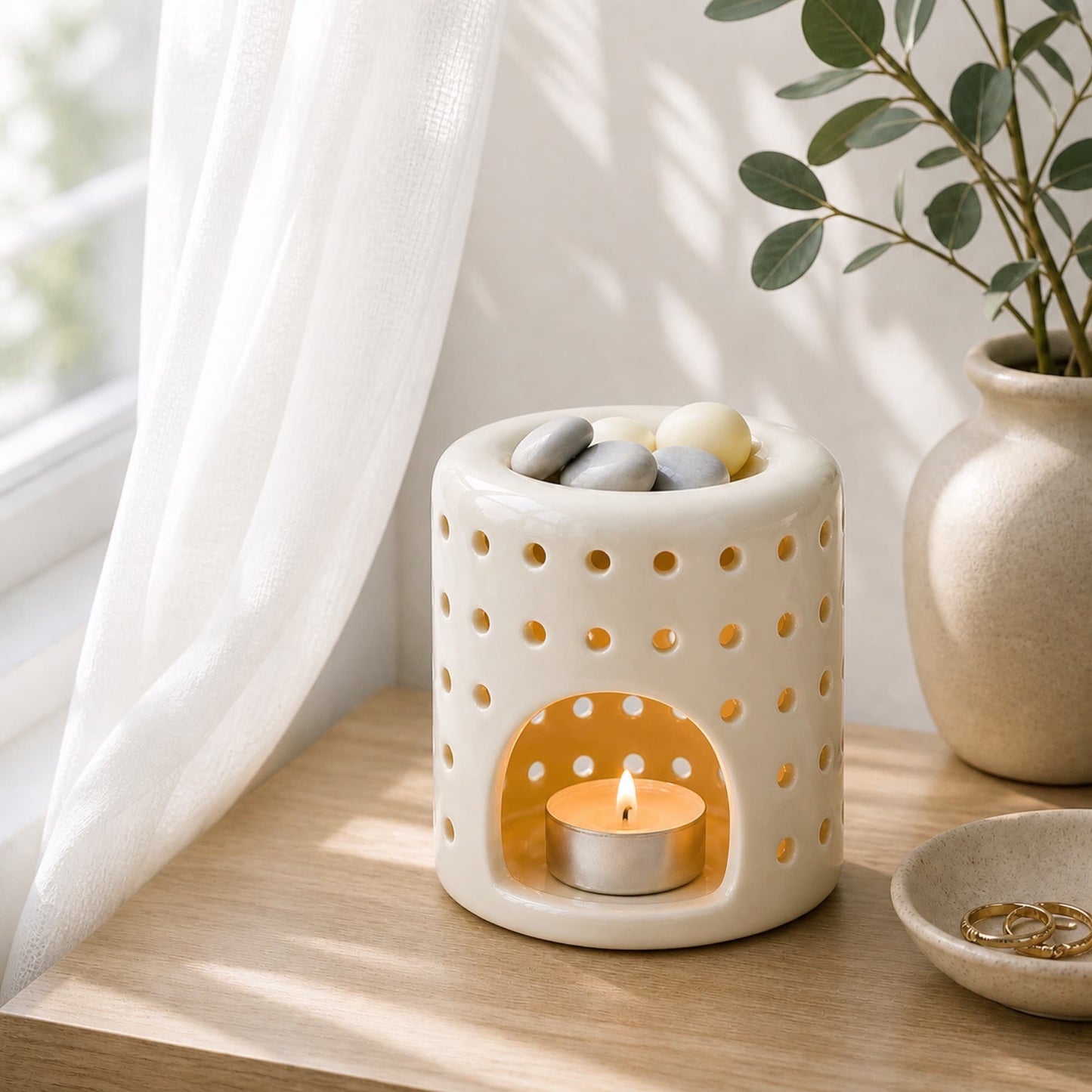 quemador de wax melts Vesta Ayre con vela de té encendida en ambiente acogedor