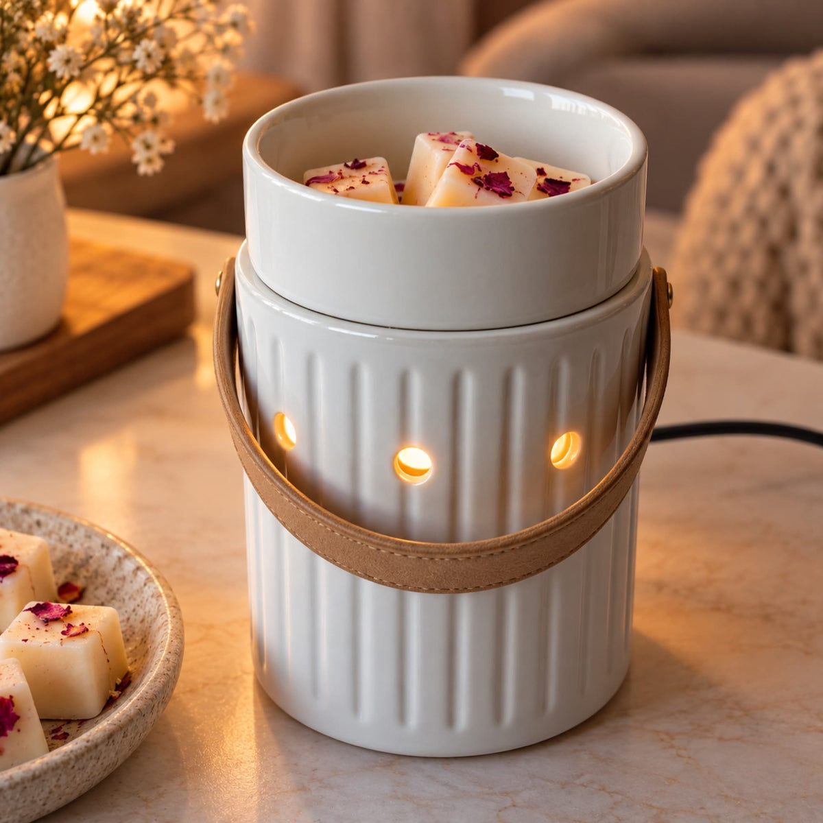 Quemador eléctrico Nordic encendido con wax melts en ambiente cálido