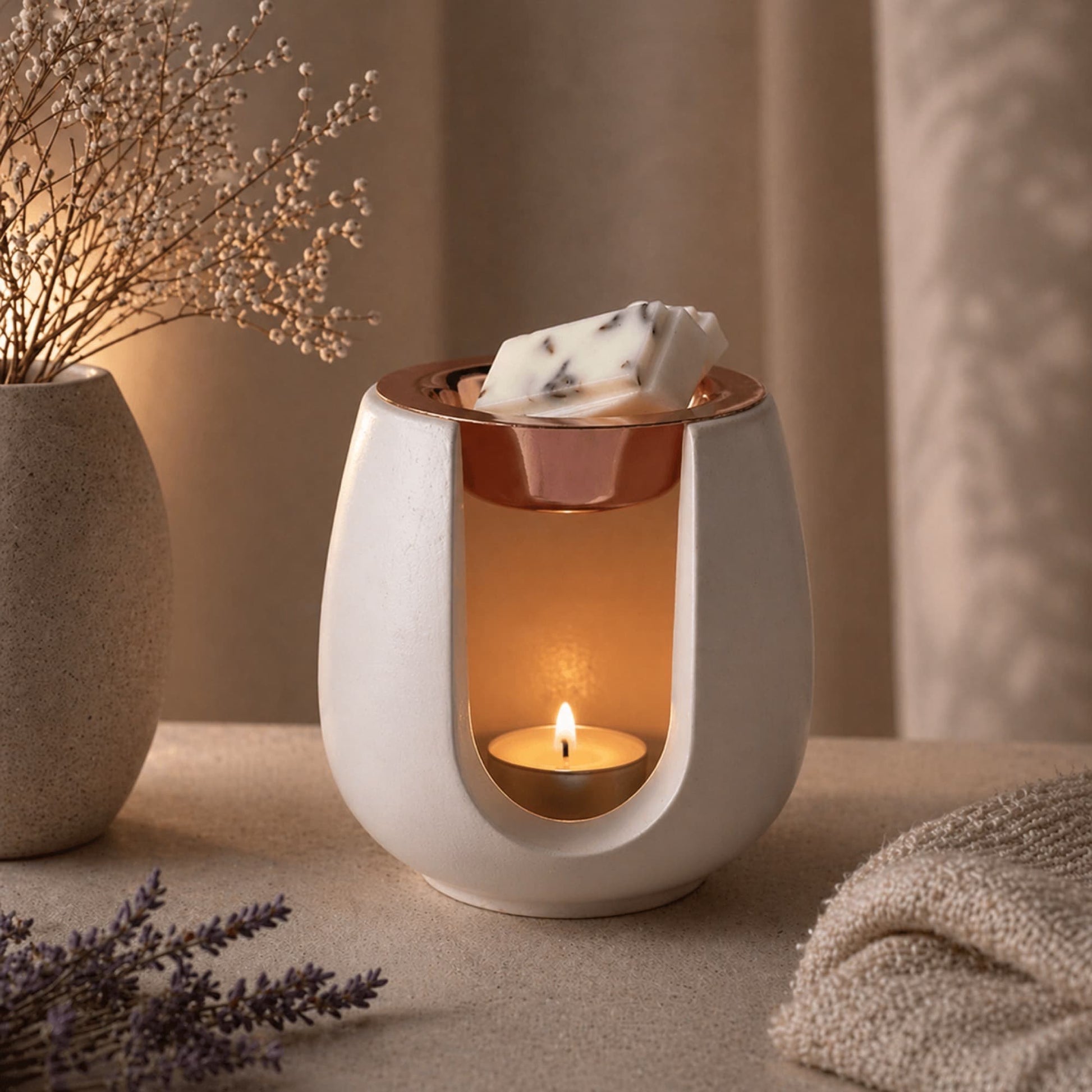 quemador Tiara oro rosa con vela de té encendida en ambiente decorativo Ayre