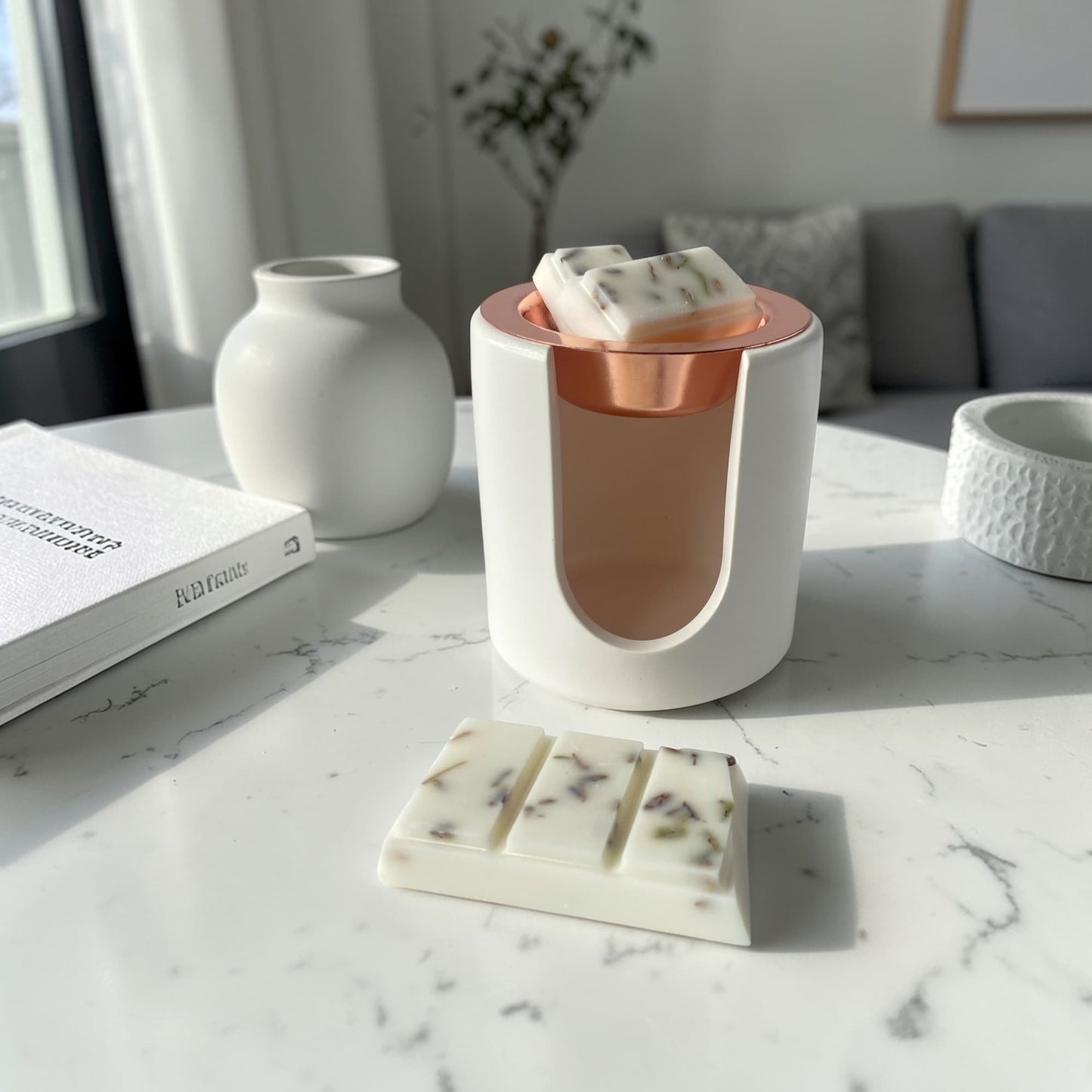 quemador de ceras aromáticas Aura con platillo oro rosa y wax melts