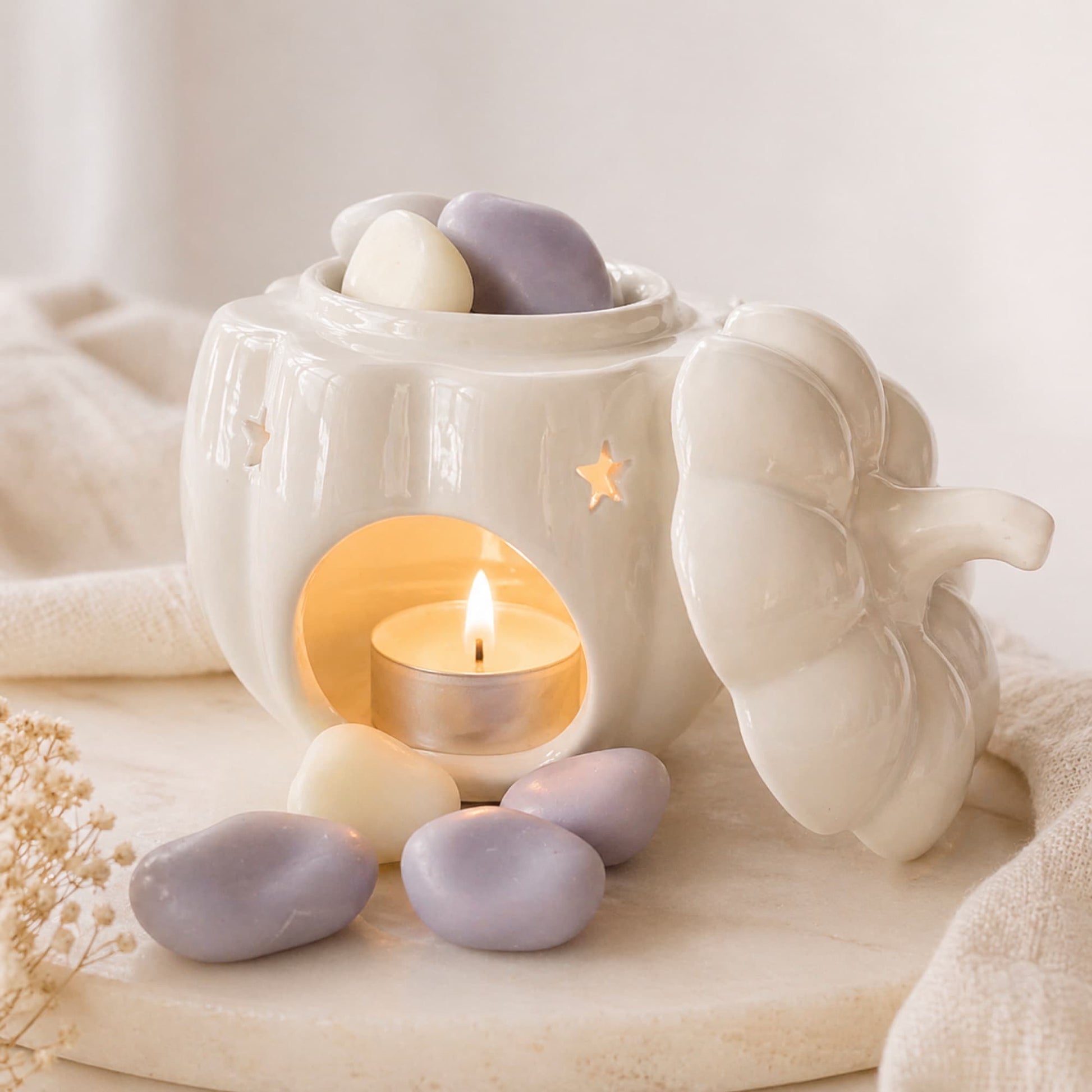quemador wax melts Calabaza Ayre con vela de té encendida