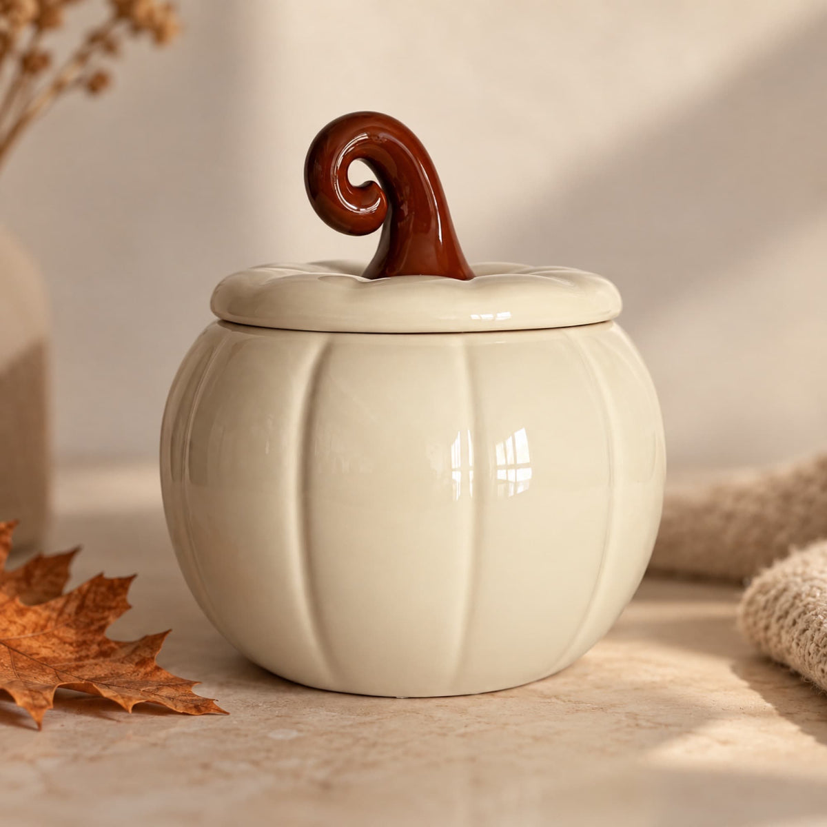 Quemador de wax melts de cerámica crema con forma de calabaza y tapa, Ayre