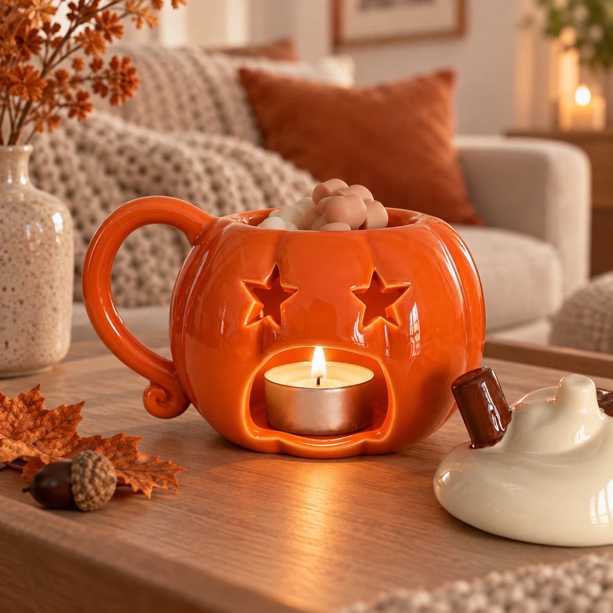 Quemador de wax melts de cerámica naranja con forma de calabaza y vela de té encendida