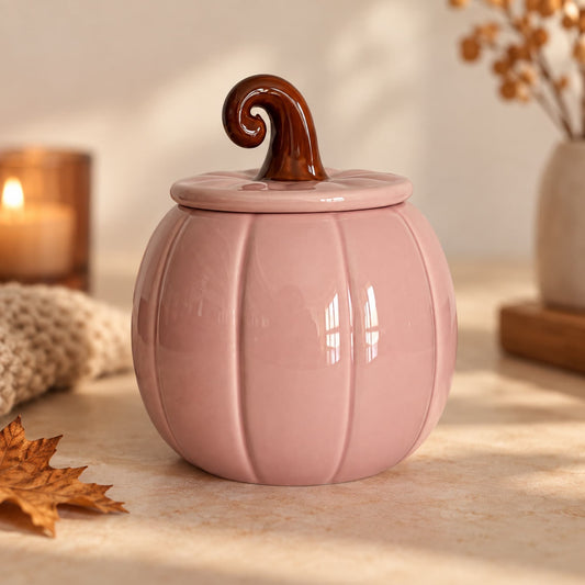 Quemador de wax melts rosa con forma de calabaza y tapa en ambiente otoñal
