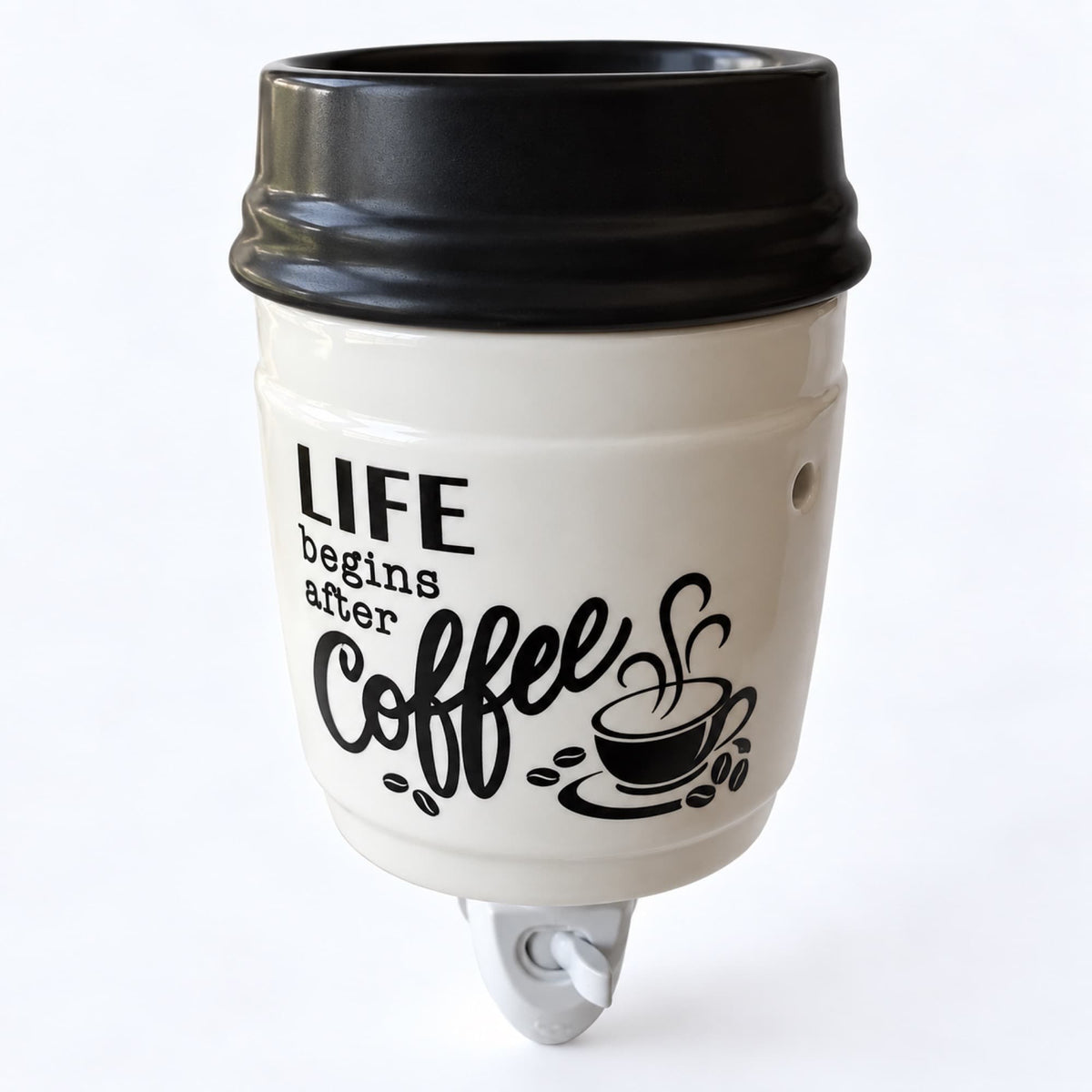 Quemador de wax melts Coffee Life de cerámica blanca y negra