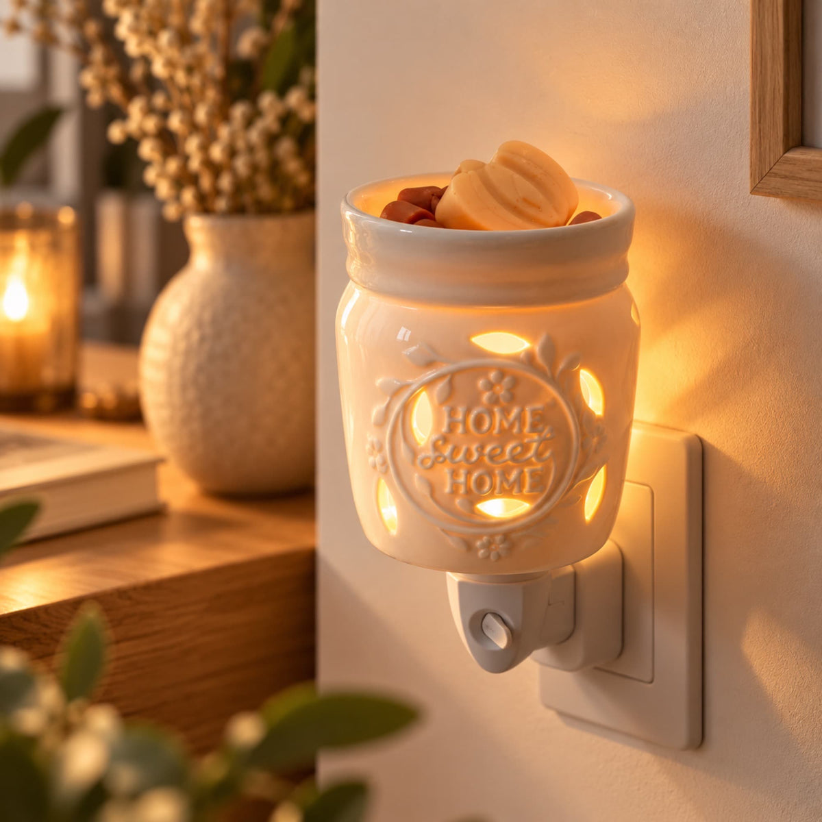 Quemador de wax melts enchufable Sweet Home encendido decorando el hogar