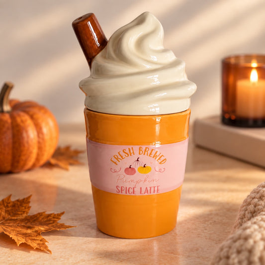 Quemador de wax melts Pumpkin Spice Latte de cerámica con diseño de café y calabaza