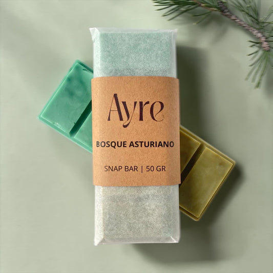 Snap bar de cera de soja Ayre con aroma bosque asturiano, ambientador aromático con tonos verdes y rama de pino sobre fondo suave