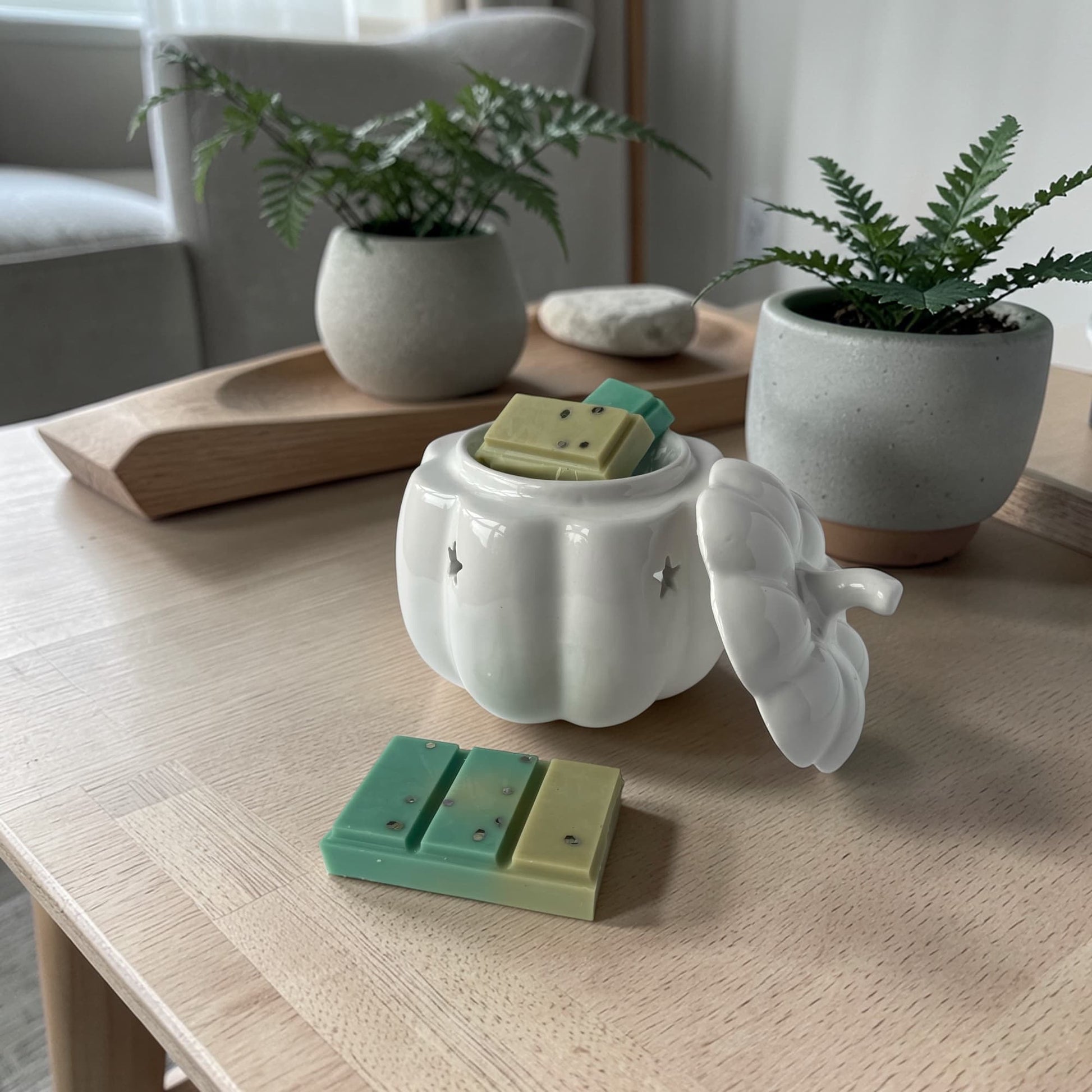 Snap bar de cera aromática bosque asturiano en quemador decorativo aromatizando el hogar