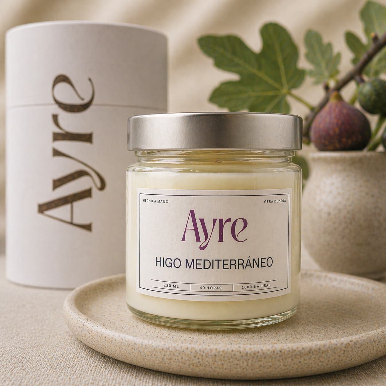 Vela aromática de soja Higo Mediterráneo Ayre con packaging elegante ideal para regalo