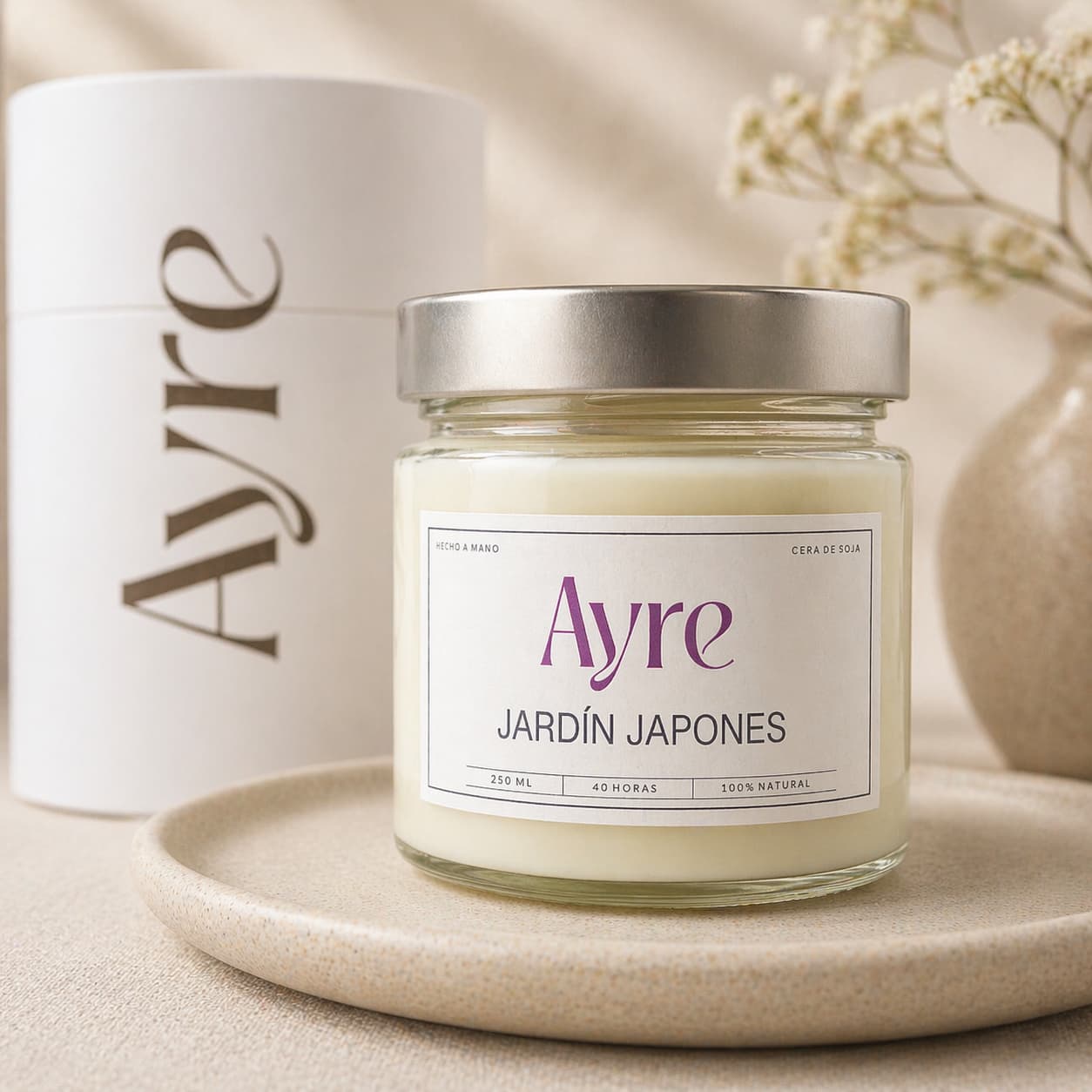 Vela aromática de soja Pétalos de Peonía Ayre con packaging elegante y detalle floral