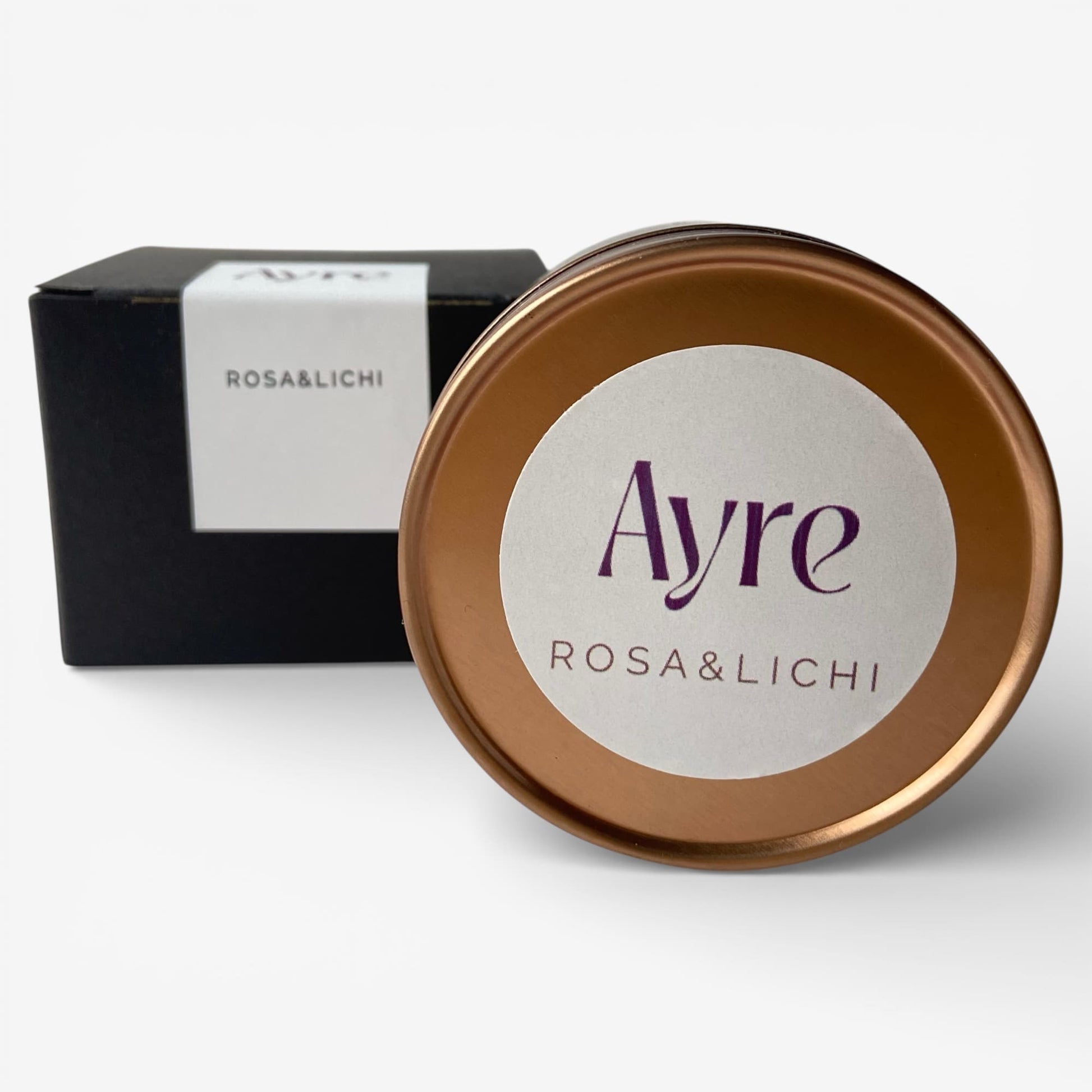 Vela aromática de soja Rosa y Lichi Ayre con caja de regalo y lata metálica.
