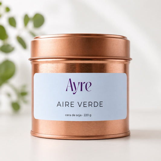 vela de soja aire verde ayre en lata oro rosa