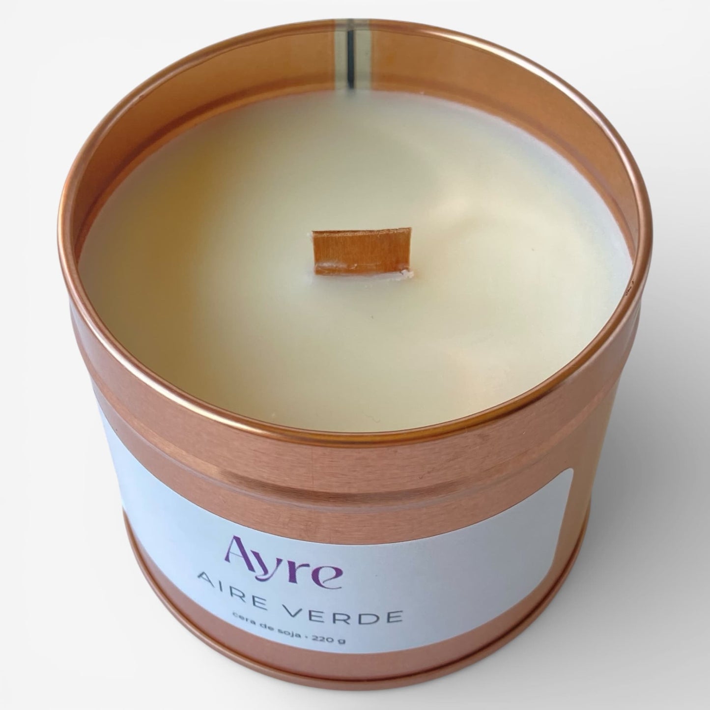vela aromática de soja Aire Verde Ayre con mecha de madera