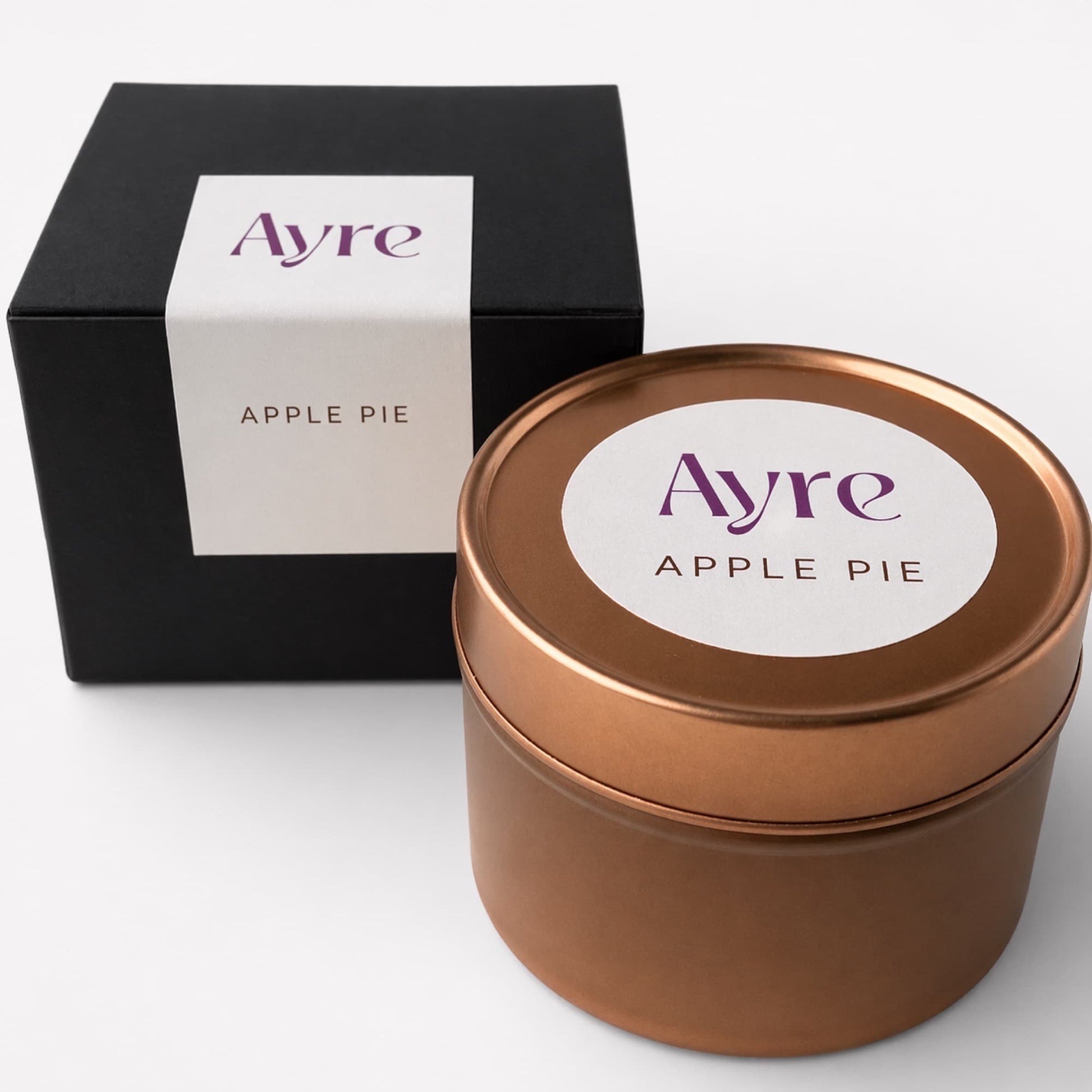 vela de soja apple pie ayre en lata oro rosa con caja