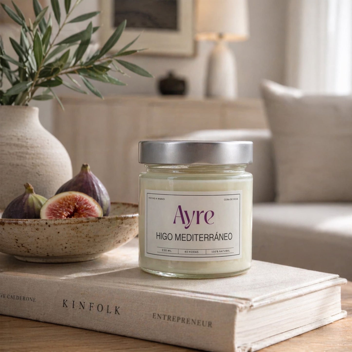 vela aromatica de soja higo mediterraneo ayre decorando salon con higos y estilo natural