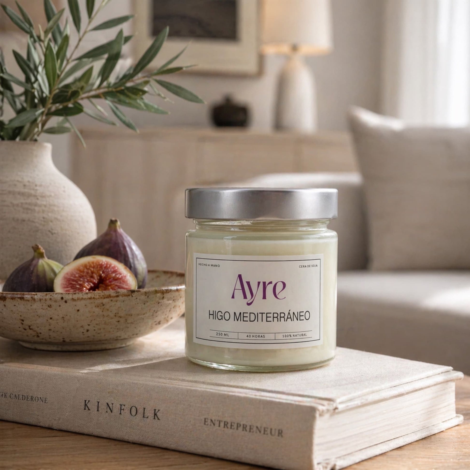 vela aromatica de soja higo mediterraneo ayre decorando salon con higos y estilo natural