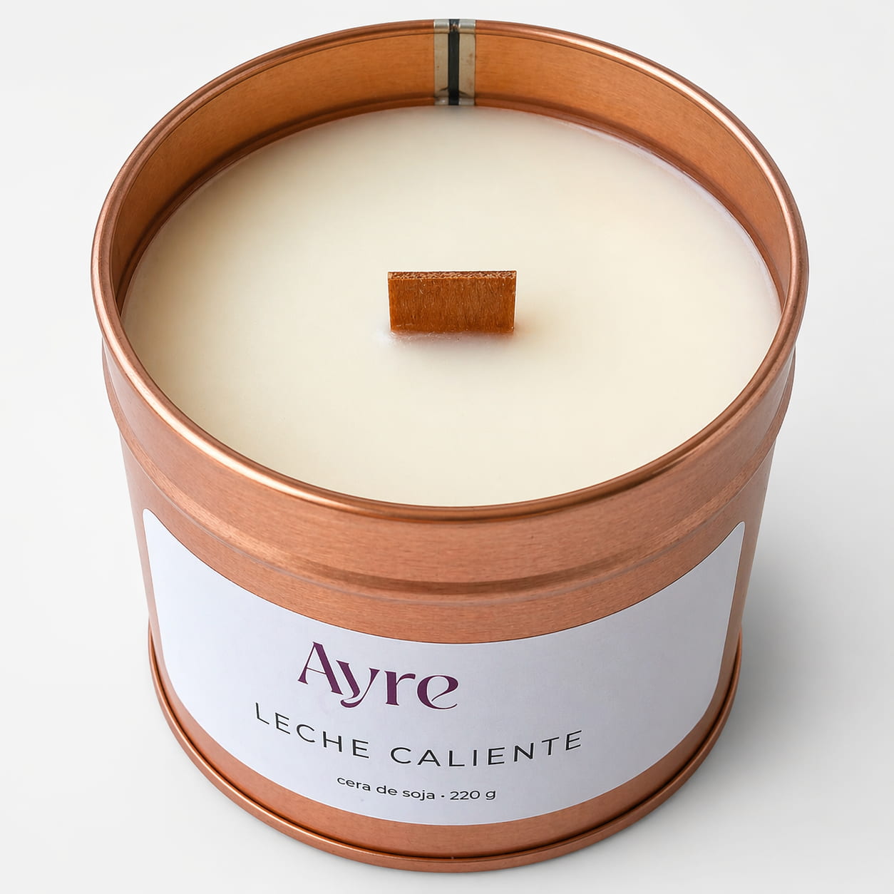 vela de soja leche caliente ayre con mecha de madera vista superior