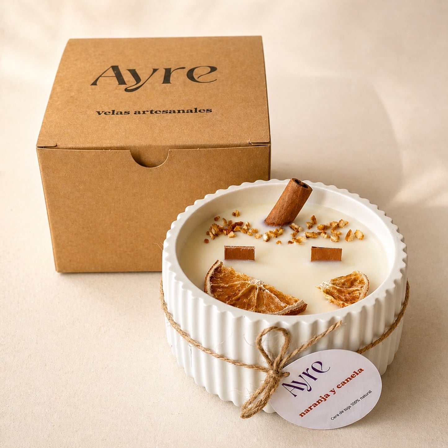 vela aromatica de soja naranja y canela con caja regalo ayre