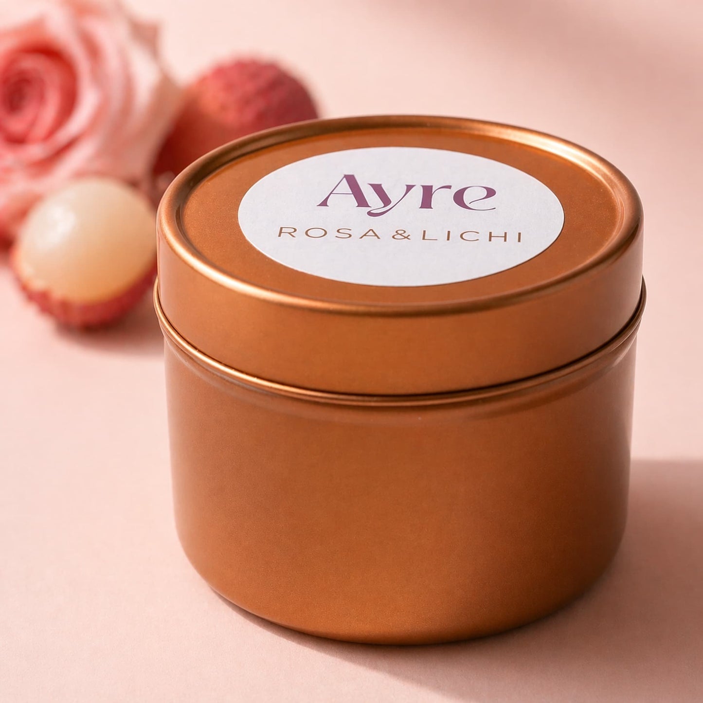 vela de soja rosa y lichi en lata oro rosa ayre