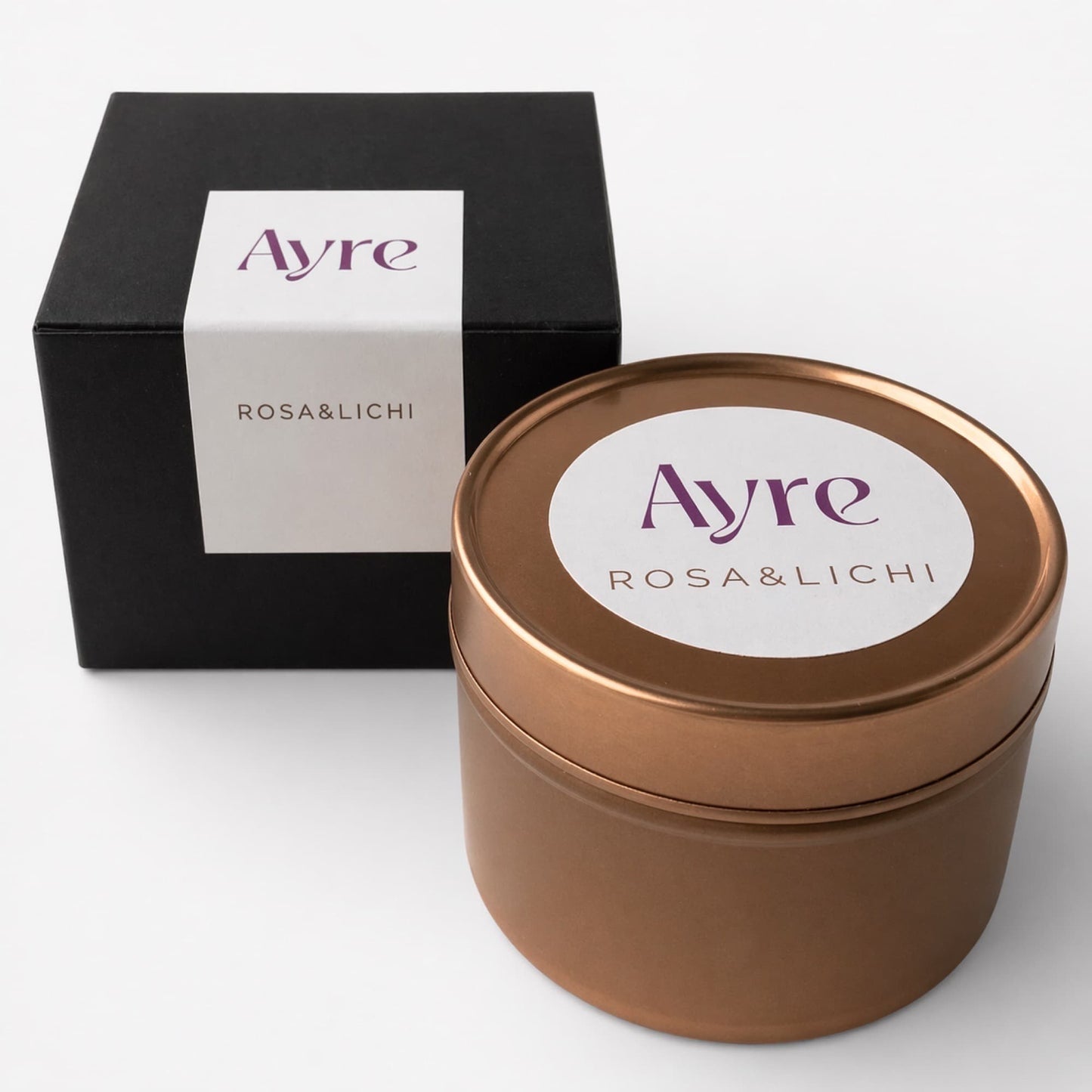 vela de soja rosa y lichi ayre en lata oro rosa con caja