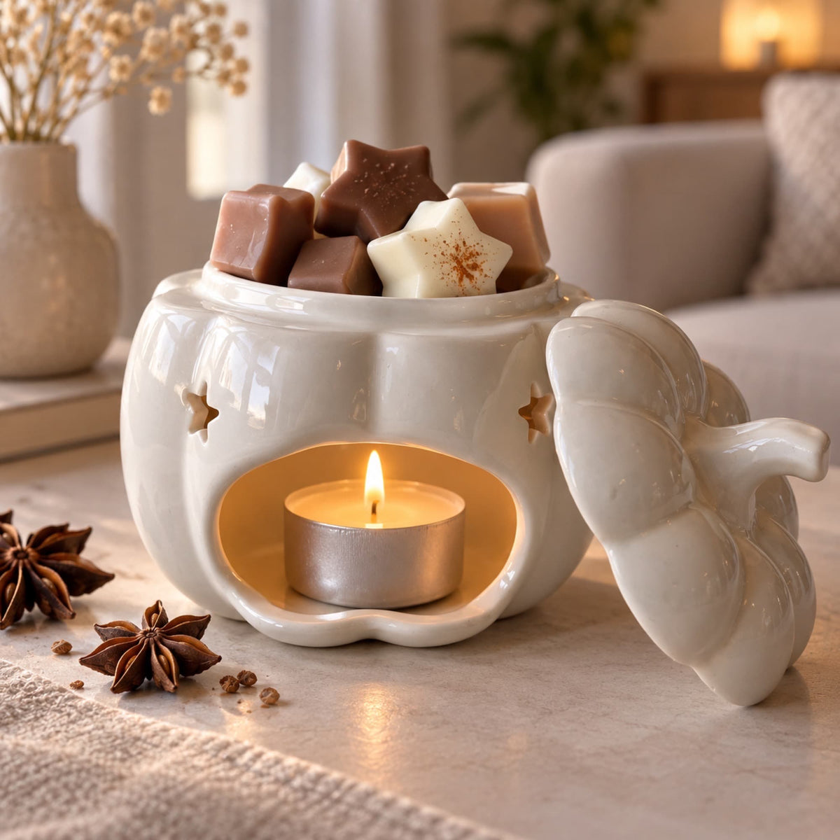 Wax melts de anís estrellado de Ayre en quemador de cerámica con vela encendida