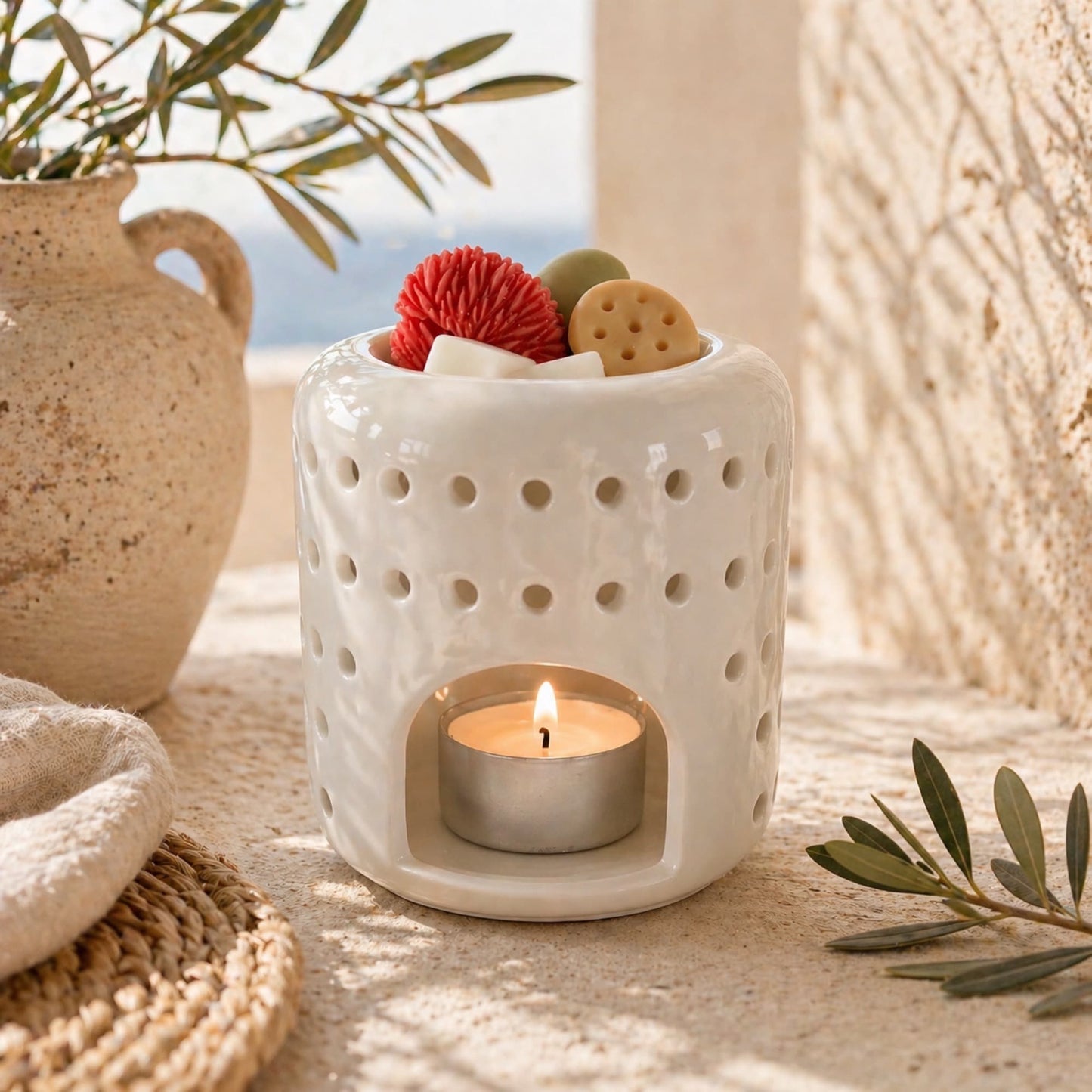wax melts bitter mediterraneo en quemador con vela de te encendida ayre