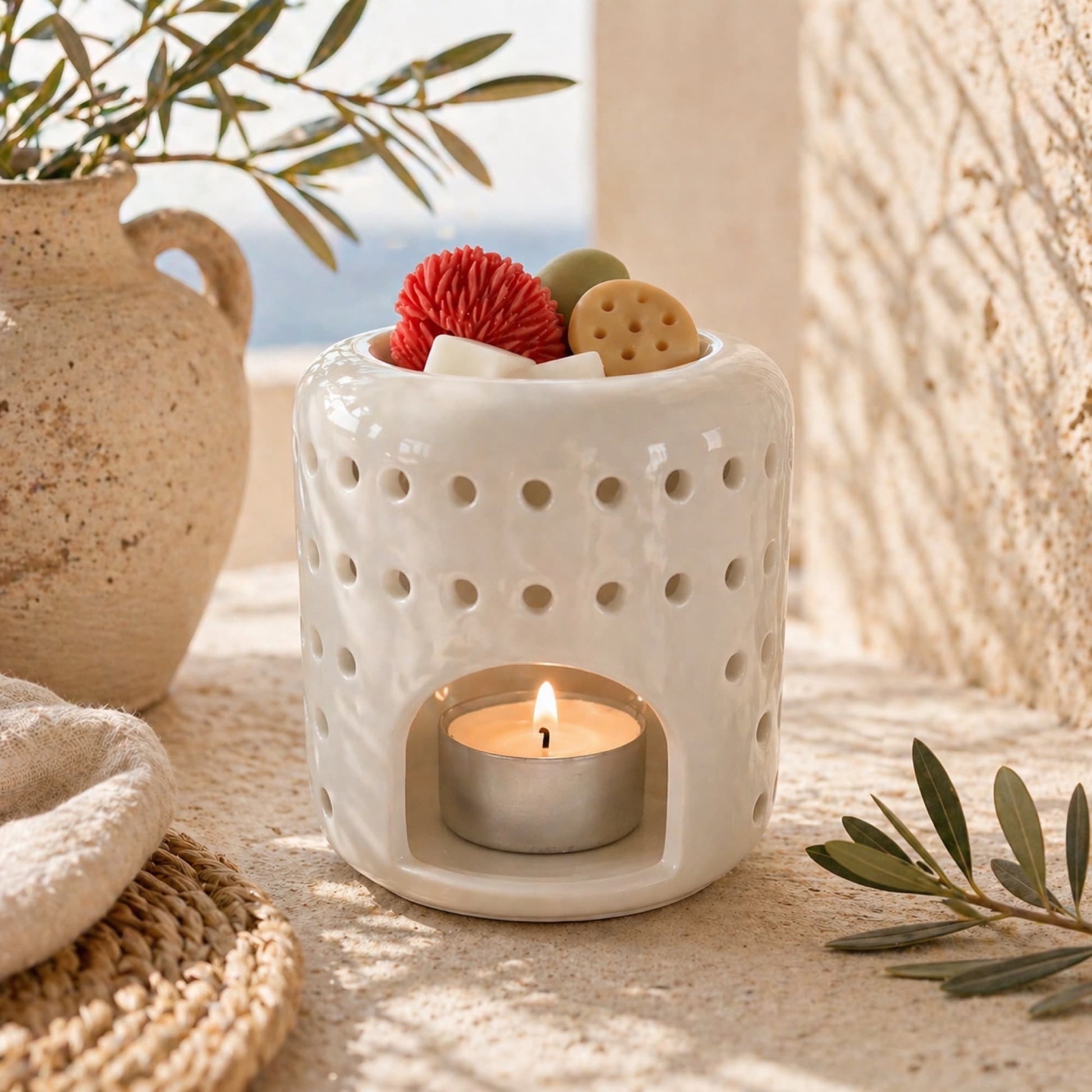 wax melts bitter mediterraneo en quemador con vela de te encendida ayre