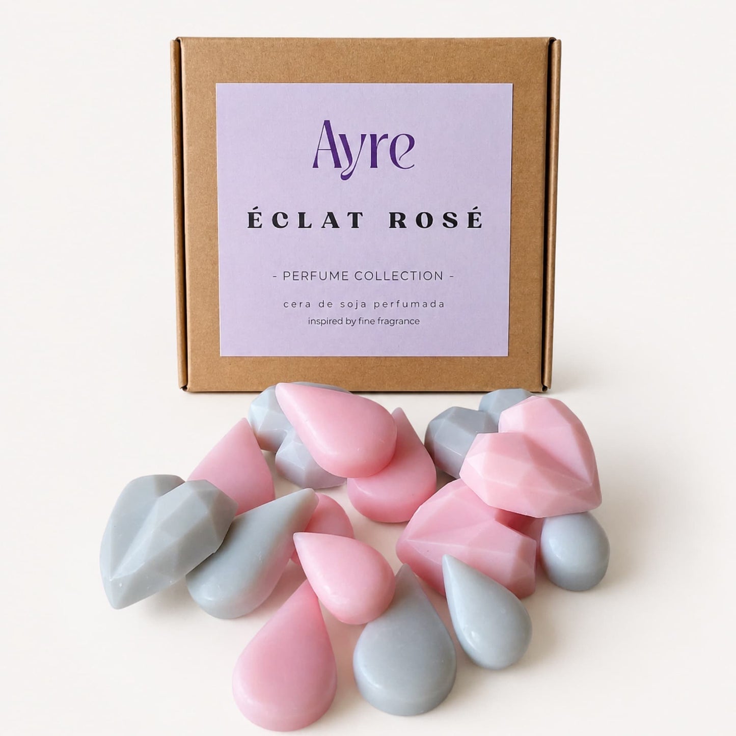 Wax melts Éclat Rosé de Ayre con su caja, inspirados en fragancias de lujo