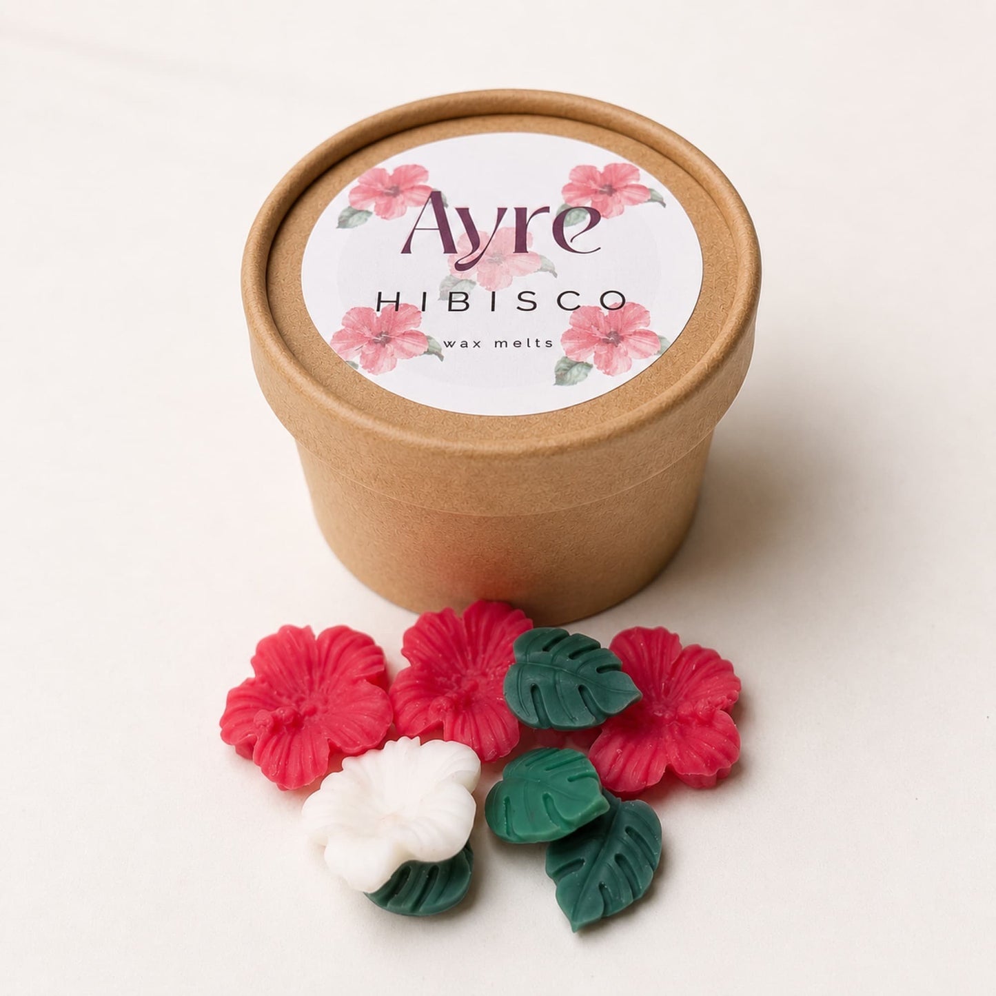 Wax melts Hibisco de Ayre en bote con flores y hojas de cera aromática