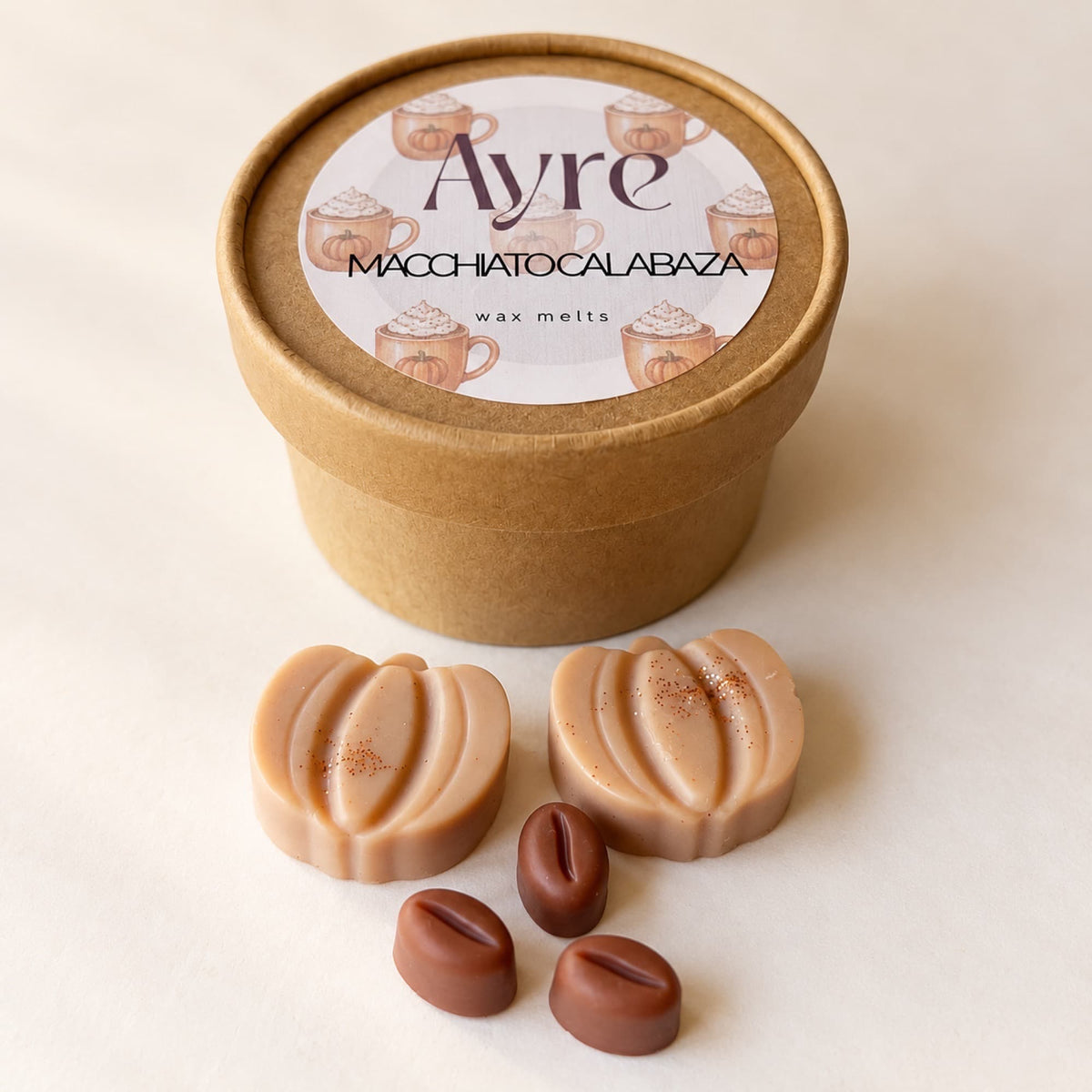 Wax melts Macchiato Calabaza de Ayre en envase kraft con formas de calabaza y café