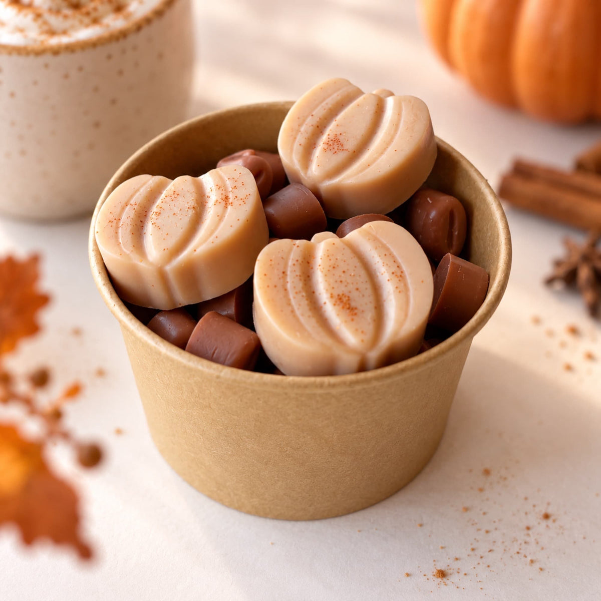 Wax melts Macchiato Calabaza de Ayre con formas de calabaza y granos de café