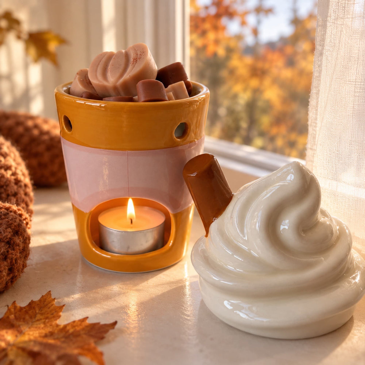 Wax melts Macchiato Calabaza de Ayre en quemador con vela encendida