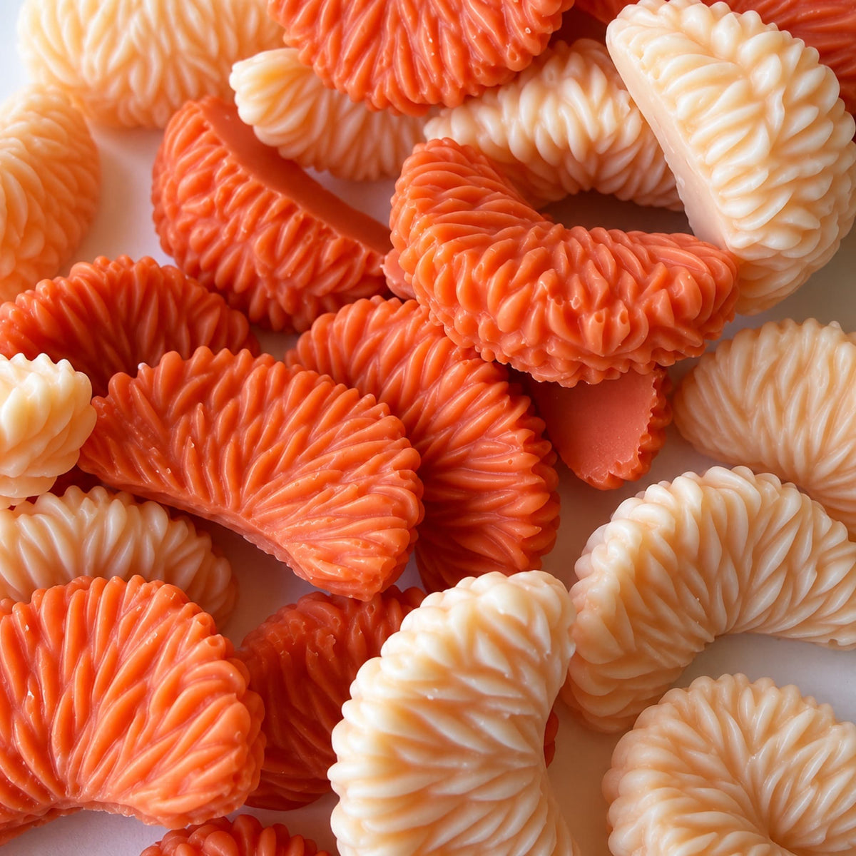 Wax melts artesanales de mandarina de Ayre en formas de gajos naranjas y crema