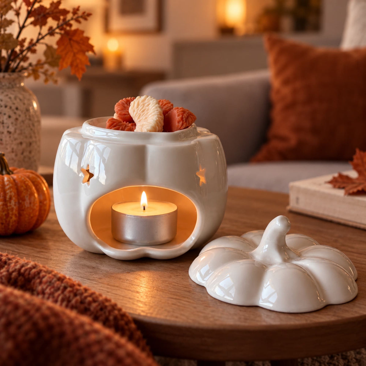 Wax melts de mandarina de Ayre en quemador de cerámica con vela encendida