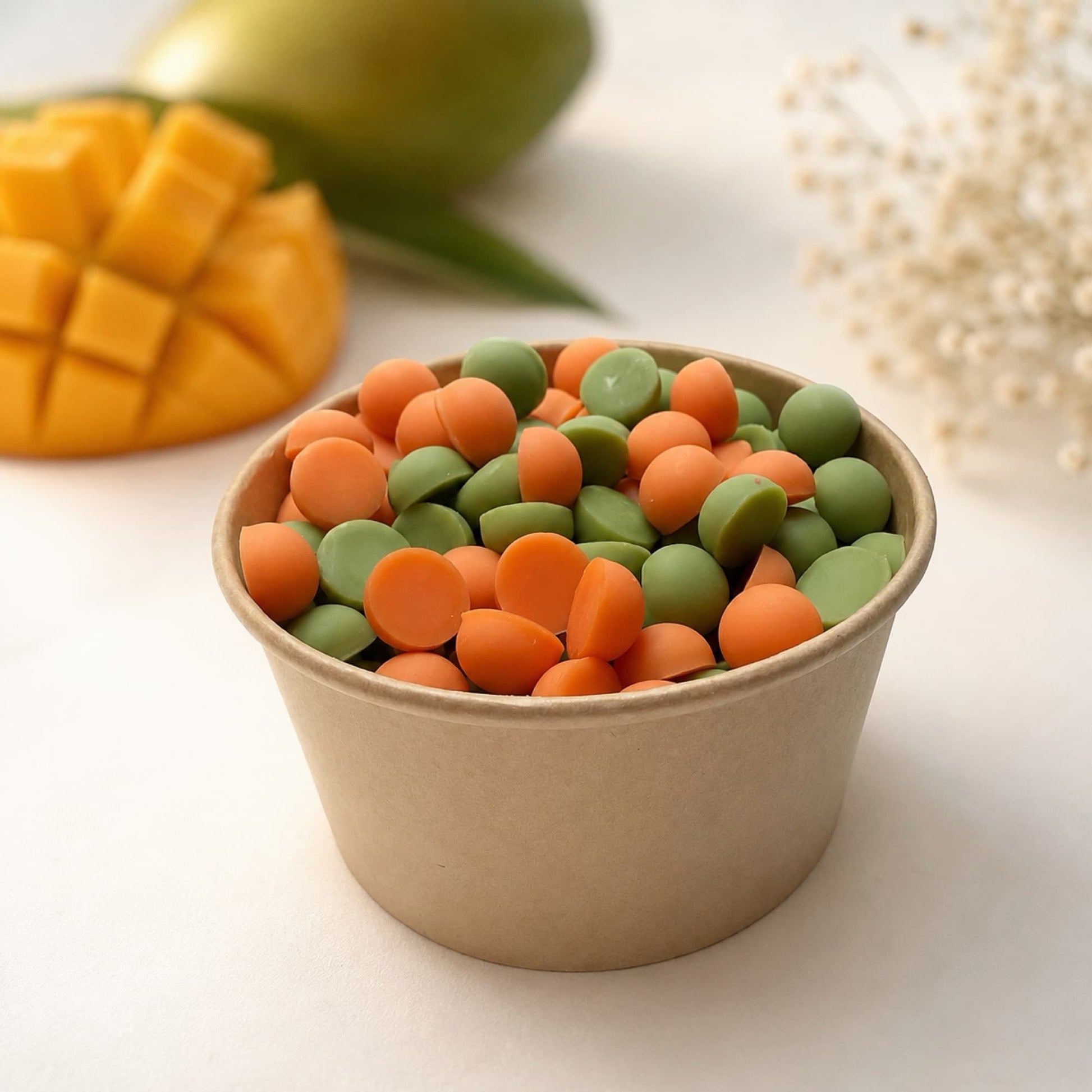 Wax melts aroma mango de Ayre en bote con mango fresco desenfocado