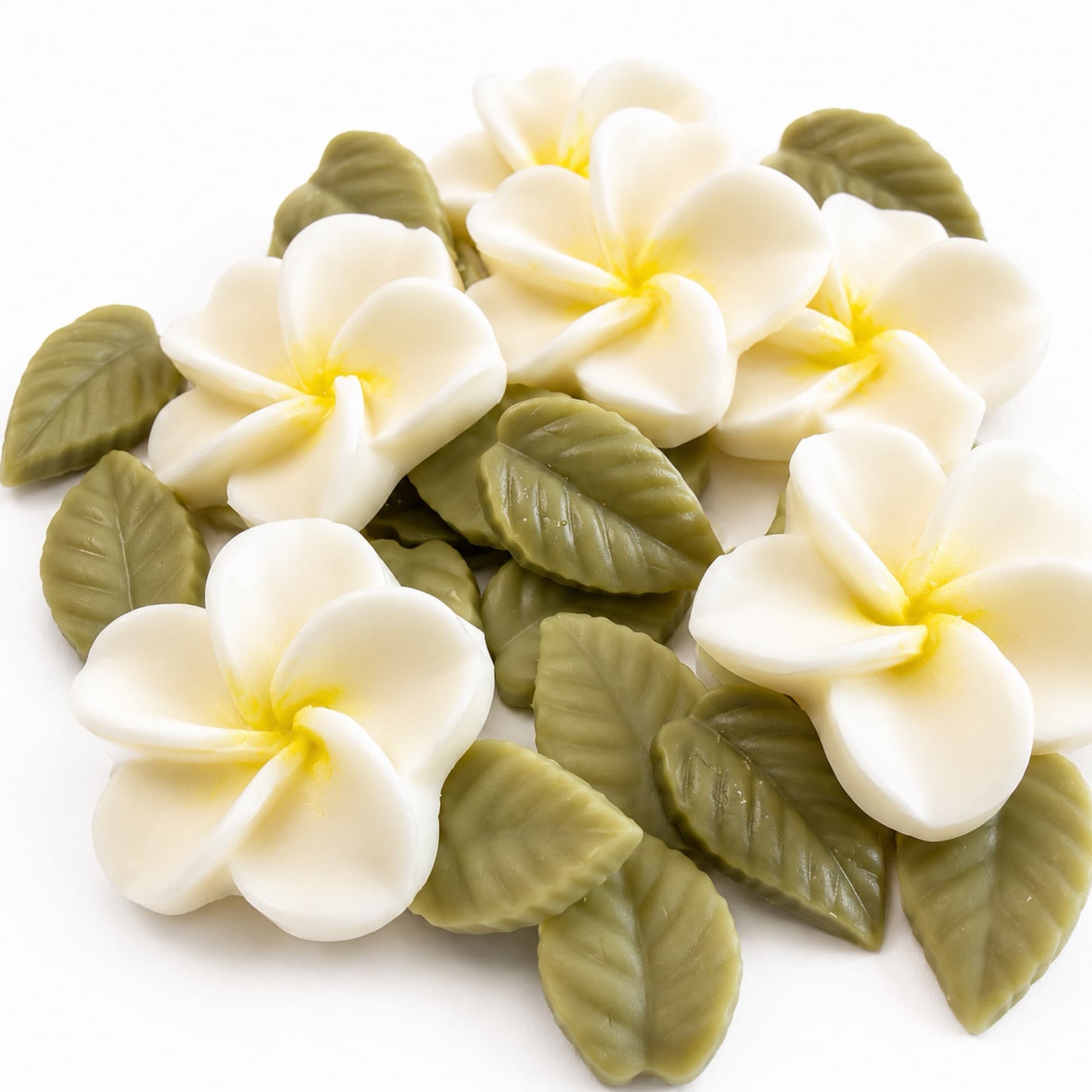 Wax melts Monoï de Ayre con forma de flores de tiaré y hojas sobre fondo blanco.