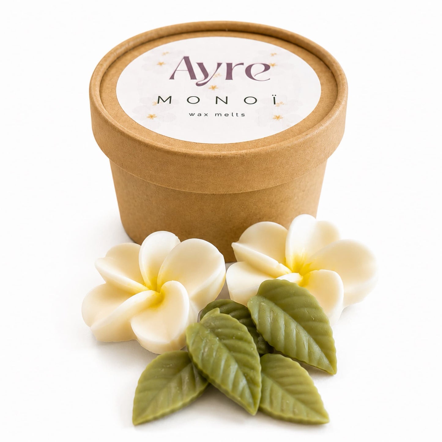 Wax melts Monoï de Ayre en envase con tapa sobre fondo blanco.