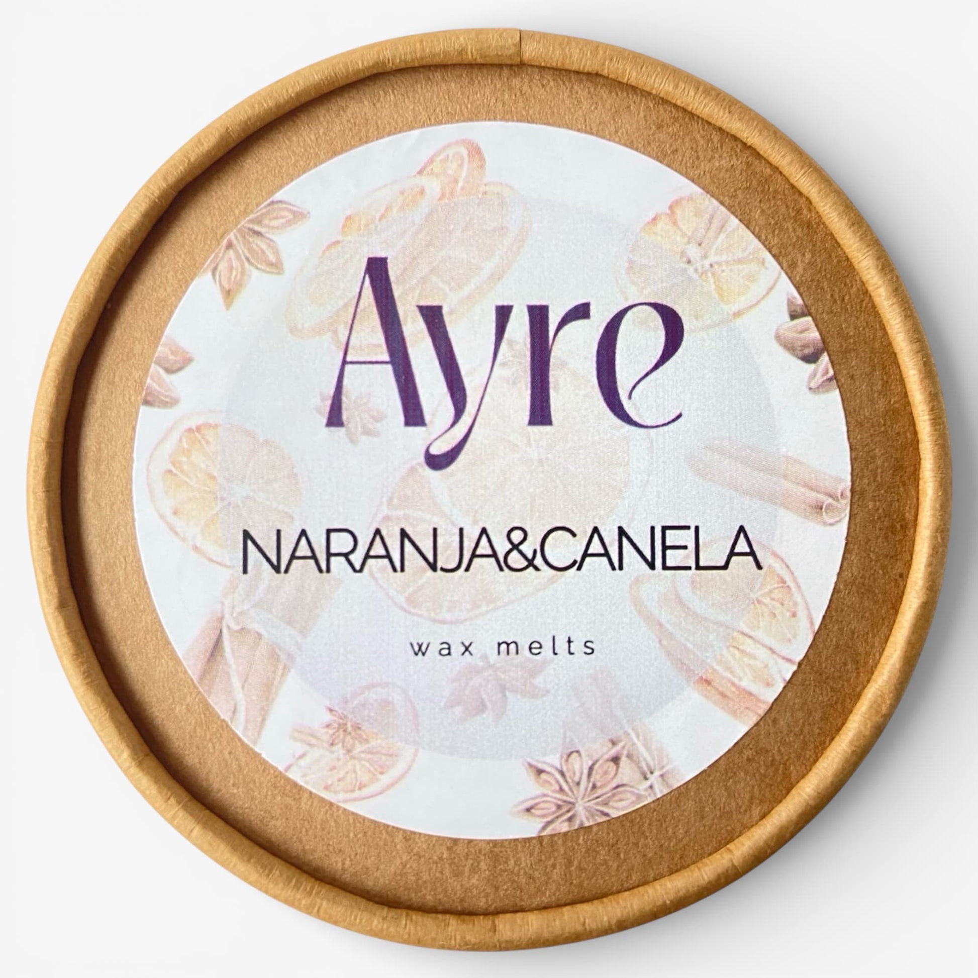 Wax melts de soja naranja canela Ayre con etiqueta del aroma
