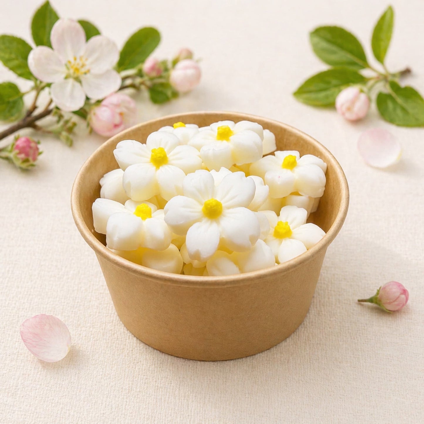 wax melts de soja aroma manzano en flor en tarro kraft con piezas en forma de flores blancas