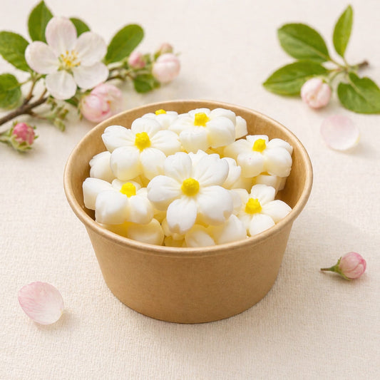 wax melts de soja aroma manzano en flor en tarro kraft con piezas en forma de flores blancas